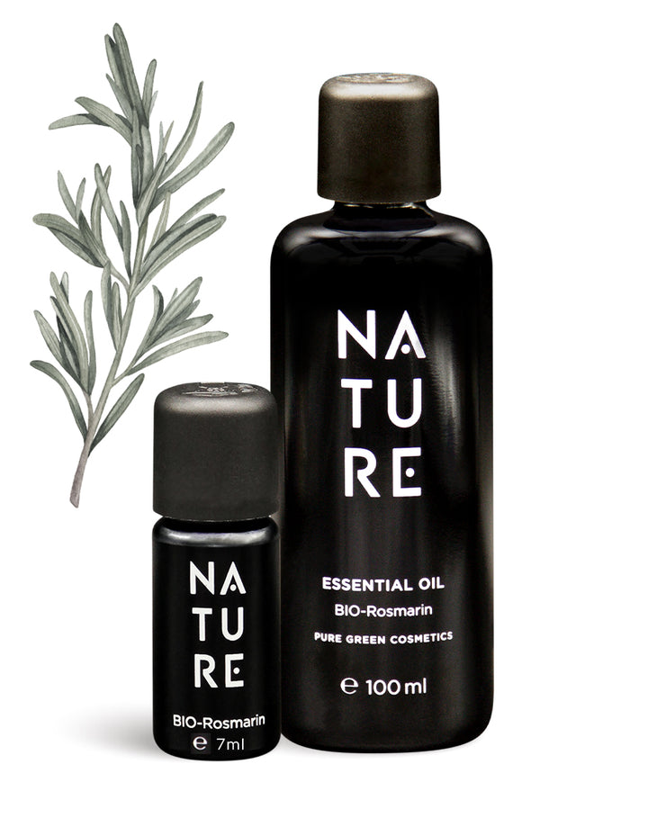 Zwei matte schwarze Flaschen Rosmarin-Öl „NATURE“, Bio und vegan, mit reinem Rosmarinöl. Links daneben ein illustriertes Rosmarinzweigerl.