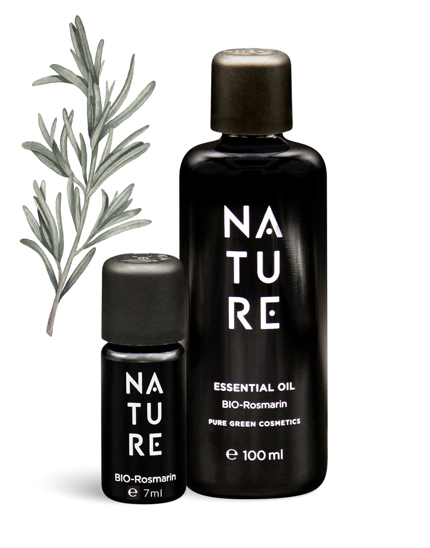 Zwei matte schwarze Flaschen Rosmarin-Öl „NATURE“, Bio und vegan, mit reinem Rosmarinöl. Links daneben ein illustriertes Rosmarinzweigerl.
