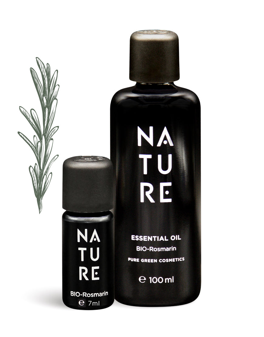 Zwei dunkle Glasflaschen NATURE Bio-Rosmarin-Öl, 7 ml und 100 ml, mit Rosmarin-Skizze. 100% reines ätherisches Öl für stärkende Aromatherapie.