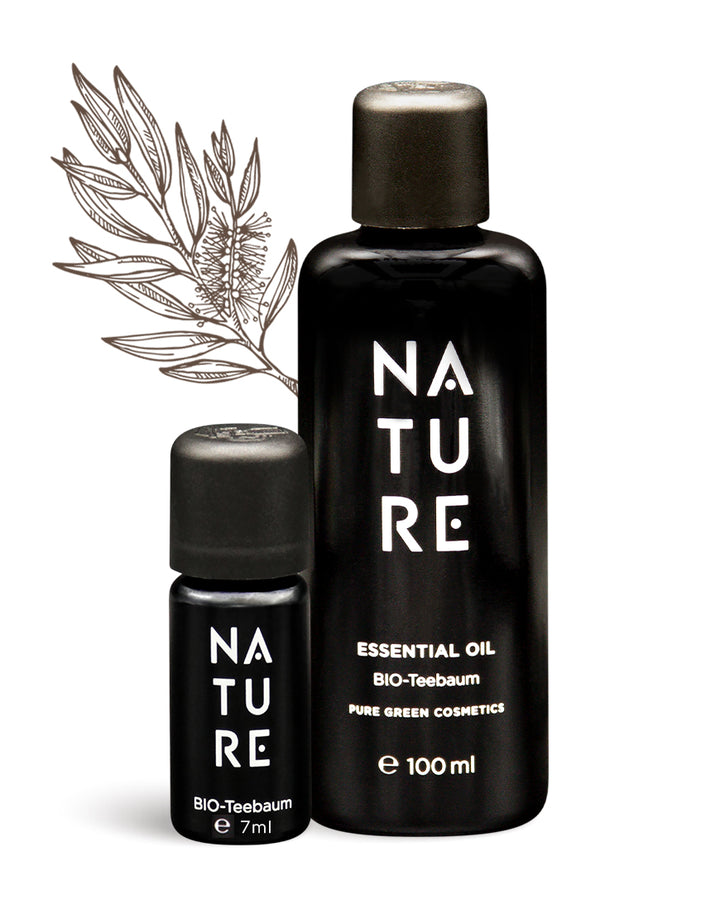 Teebaum-Öl mit reinem Teebaumöl: Zwei NATURE-Flaschen, 7 ml Roll-on und 100 ml, für beruhigende, hautreinigende Aromatherapie. Bio, vegan, hergestellt in Österreich.