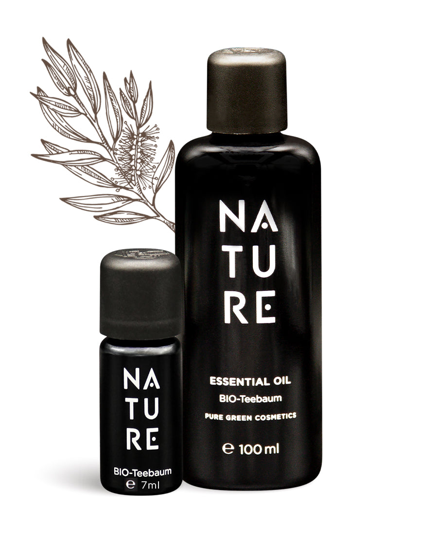 Teebaum-Öl mit reinem Teebaumöl: Zwei NATURE-Flaschen, 7 ml Roll-on und 100 ml, für beruhigende, hautreinigende Aromatherapie. Bio, vegan, hergestellt in Österreich.