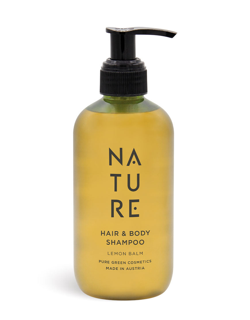 Hair-&-Body-Shampoo mit Zitronenmelissen- & Lindenblütenextrakt, Bio & Vegan, in Pumpflasche. Sanfte Reinigung, belebender Duft, Hautverträglichkeit dermatologisch bestätigt. Hergestellt in Österreich.