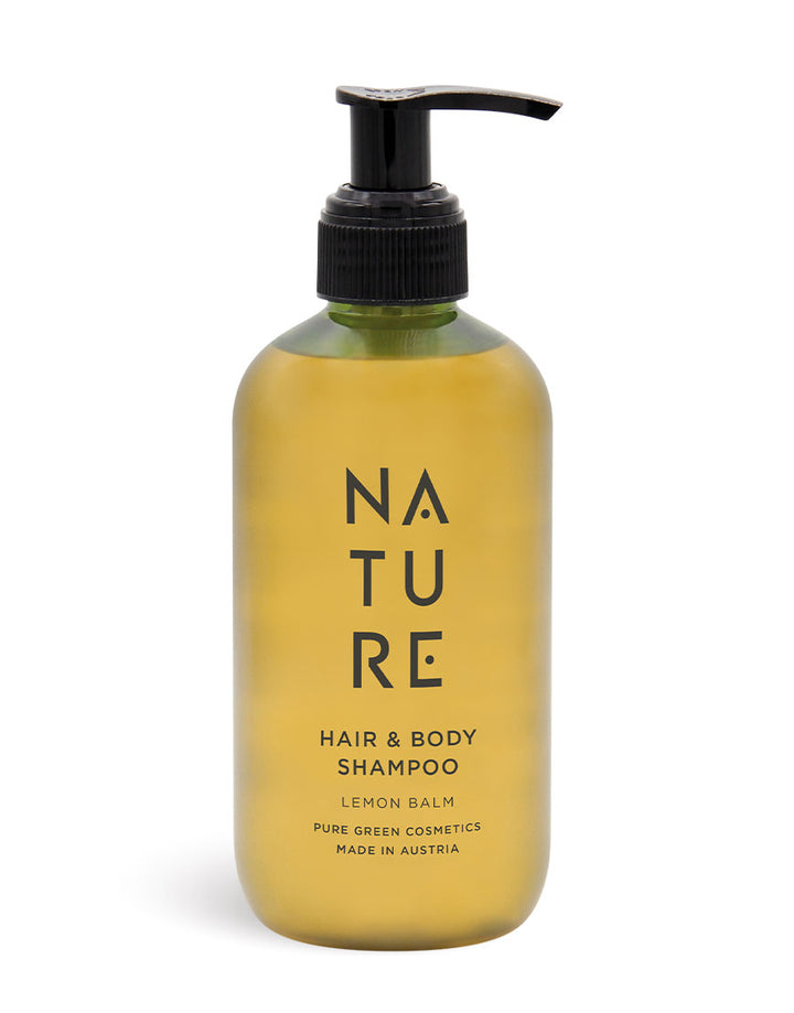 Hair-&-Body-Shampoo mit Zitronenmelissen- & Lindenblütenextrakt, Bio & Vegan, in Pumpflasche. Sanfte Reinigung, belebender Duft, Hautverträglichkeit dermatologisch bestätigt. Hergestellt in Österreich.
