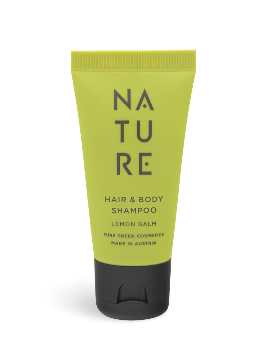 2-in-1 Shampoo & Duschgel mit Zitronenmelisse, Bio & Vegan, in chartreuse-grüner Tube mit schwarzem Klappdeckel, für geschmeidiges und gepflegtes Haar und Körperpflege.
