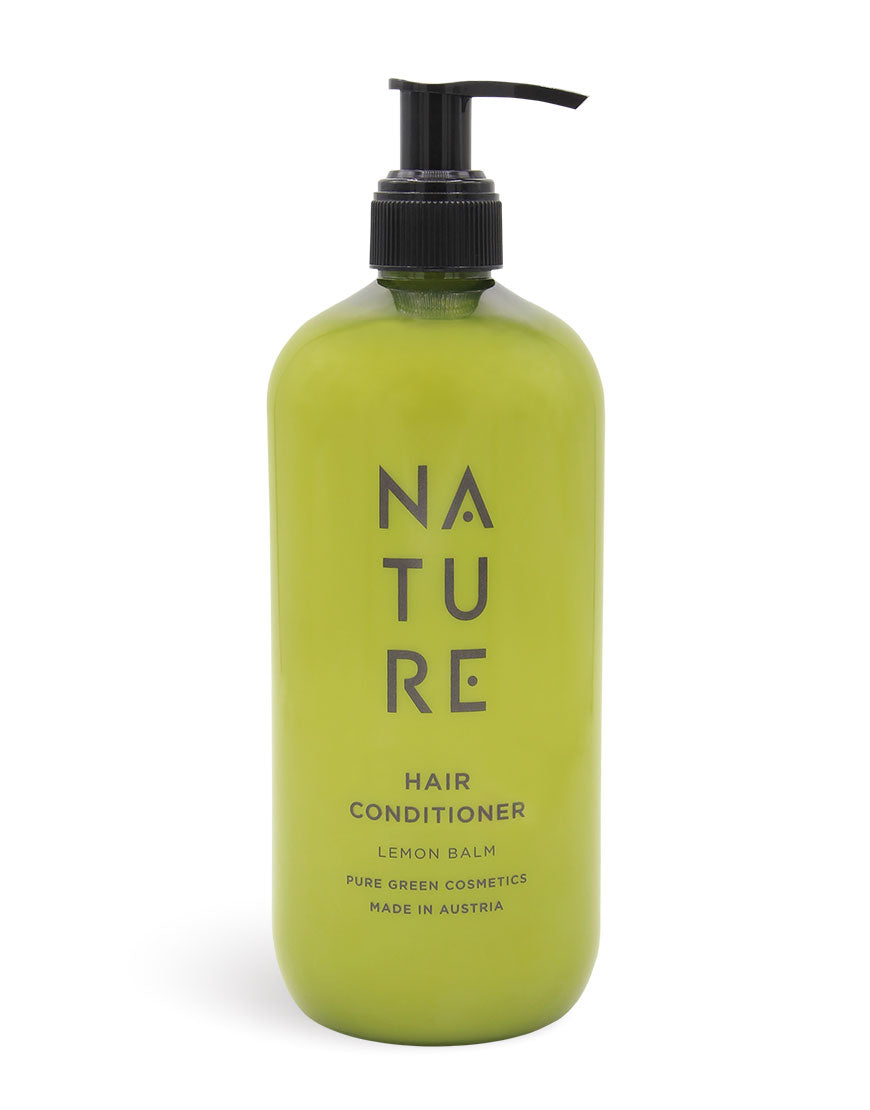 Haarspülung mit Zitronenmelissenextrakt & Wildrosenextrakt im grünen Pump-Spender, sorgt für leichte Kämmbarkeit und glänzendes Haar, Bio & Vegan, Made in Austria.