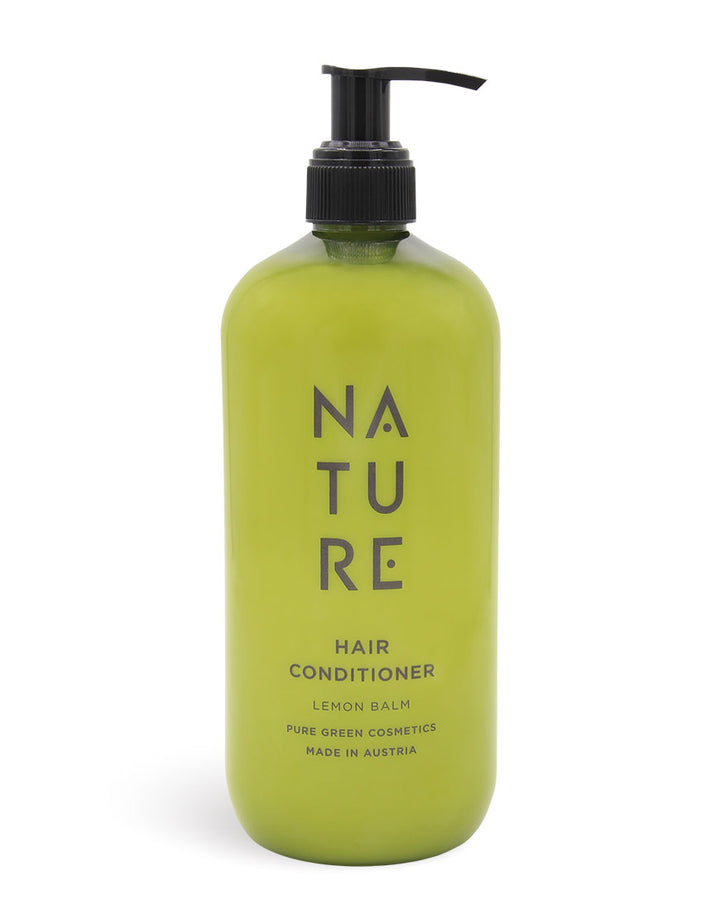Haarspülung mit Zitronenmelissenextrakt & Wildrosenextrakt im grünen Pump-Spender, sorgt für leichte Kämmbarkeit und glänzendes Haar, Bio & Vegan, Made in Austria.