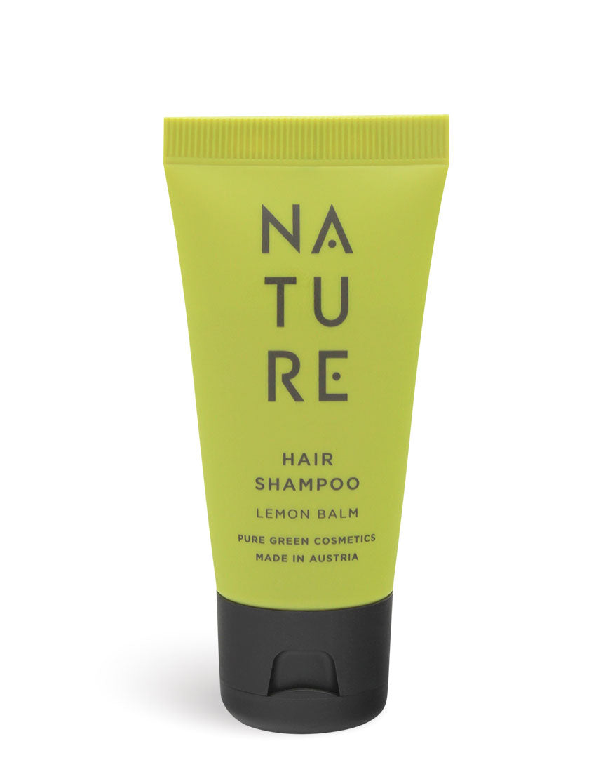 Haarshampoo mit Zitronenmelisse- und Lindenblütenextrakt von NATURE, Bio und Vegan. Light green tube with black cap, Pure Green Cosmetics, Austria.