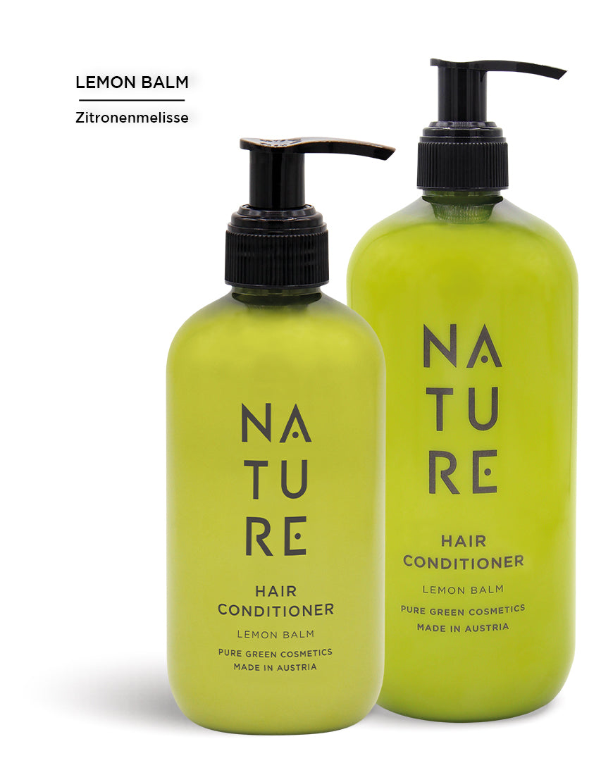 Zwei Pumpflaschen Haarspülung mit Zitronenmelissenextrakt & Wildrosenextrakt für leichte Kämmbarkeit & glänzendes Haar, Bio & Vegan, von NATURE, Pure Green Cosmetics.