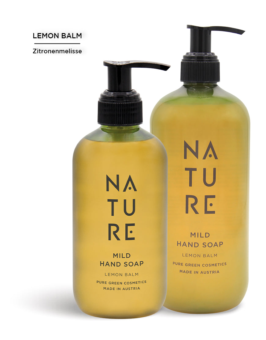 Zwei Spenderflaschen NATURE Handseife mit Sonnenblumenöl & Lindenblütenextrakt für sanfte Reinigung & ein erfrischendes Hautgefühl, Bio & Vegan, Zitronenmelisse Duft.