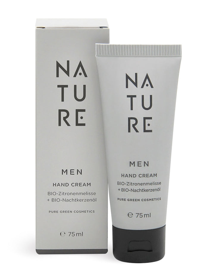 75 ml Tube und Box der MEN Handcreme mit Zitronenmelisse und Kamille für intensive Pflege und beruhigte Hände, Bio & Vegan, für raue Haut.
