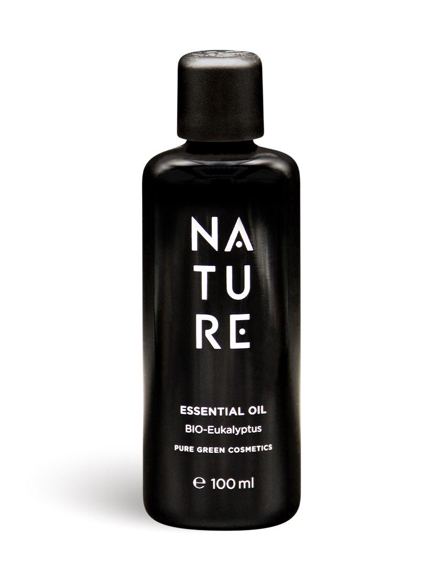 Eukalyptus-Öl mit reinem Eukalyptusöl in einer 100 ml mattschwarzen Flasche, Bio & Vegan, ideal zur Erfrischung und Entspannung.