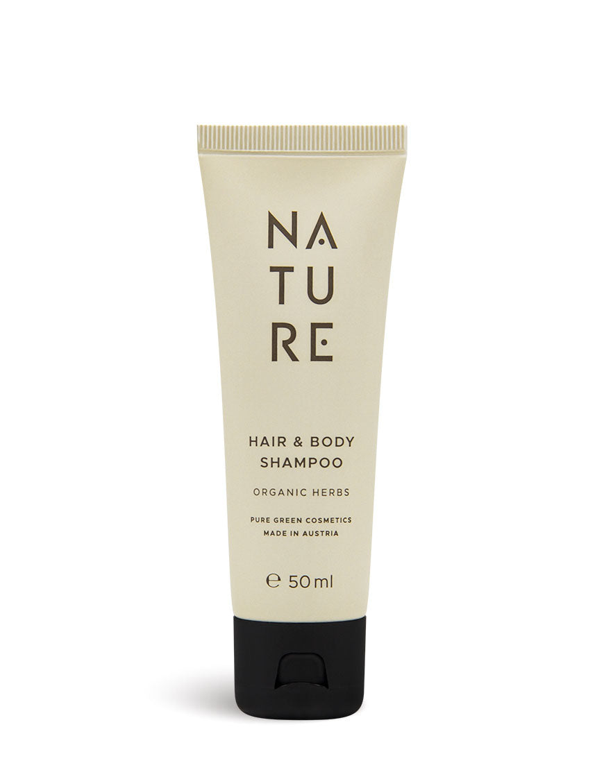 Reisegröße 50 ml Tube „NATURE“ 2-in-1 Shampoo & Duschgel mit Kräuterextrakt für gesundes & gepflegtes Haar, Bio & Vegan, Pure Green Cosmetics, hergestellt in Österreich.