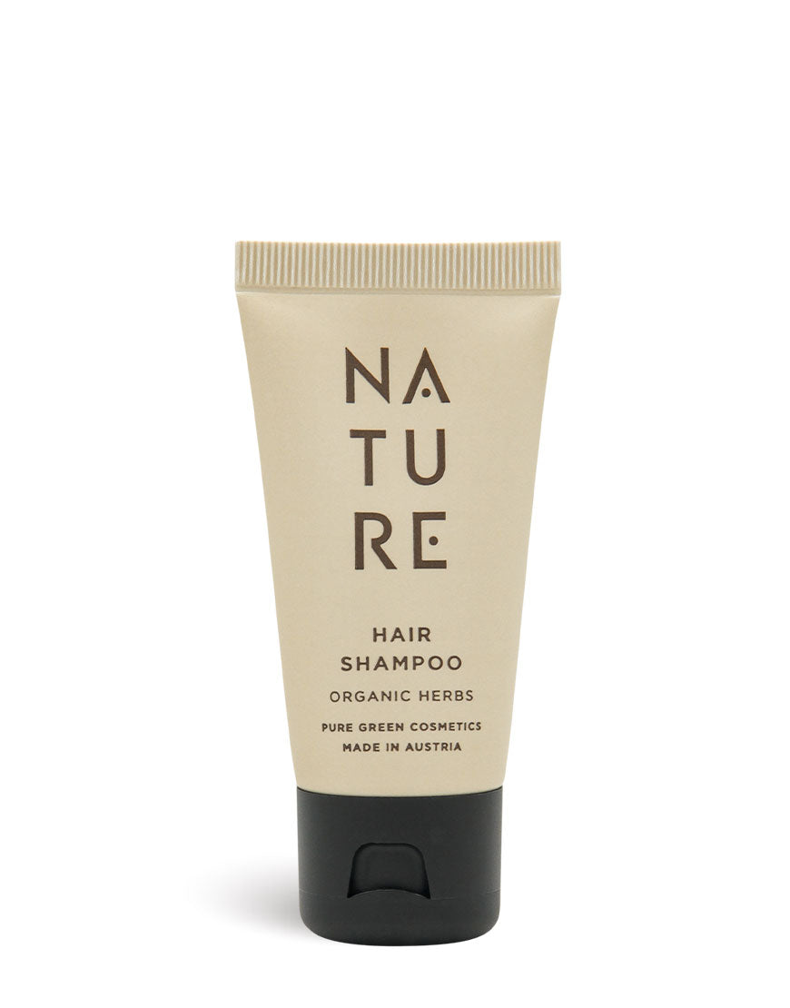 Haarshampoo mit Kräuterextrakten für geschmeidiges & gepflegtes Haar | Bio & Vegan: Reisegröße, beige Tube, schwarzer Klappdeckel, sanfte Reinigung mit BIO-Kräuterextrakten, vegan, made in Austria.