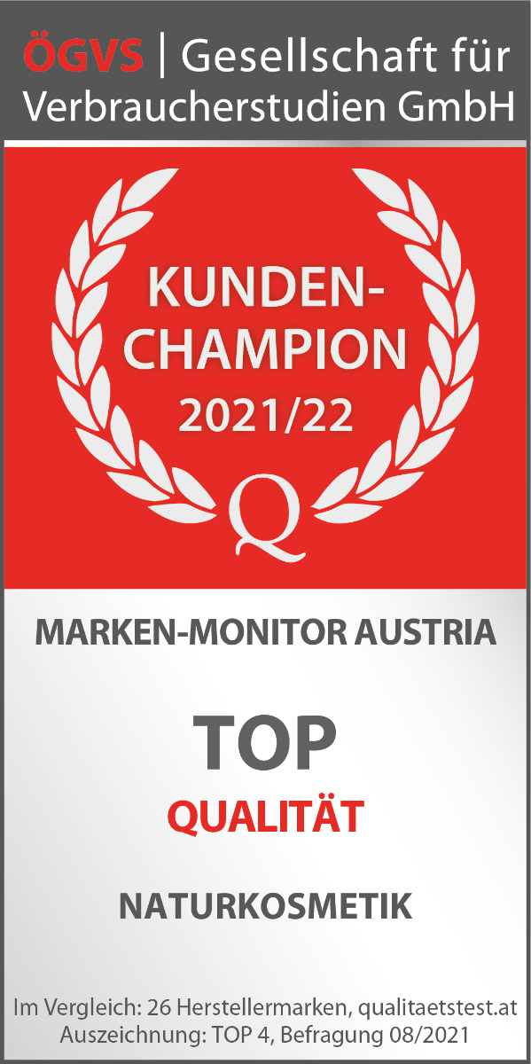 ÖGVS-Siegel: Kunden-Champion 2021/22 für Deocreme mit Kokosöl & Zink; Top-Qualität in Naturkosmetik, ausgezeichnet unter 26 Marken für langanhaltenden Schutz und zarte Achselhaut.