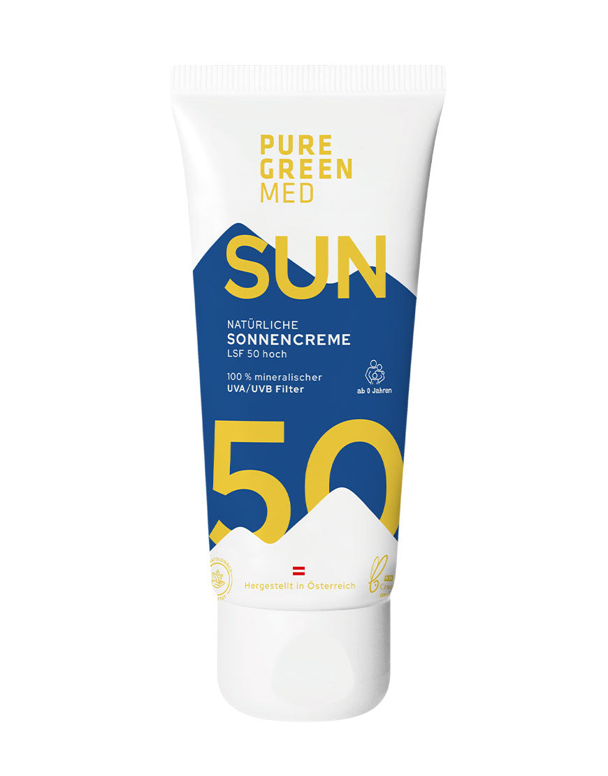 Sonnencreme LSF 50 mit Zinkoxid & Sonnenblumenöl für mineralischen UV‑Schutz & intensive Feuchtigkeit, geeignet ab 0 Jahren, vegan, wasserfest, hergestellt in Österreich, dermatologisch bestätigt.