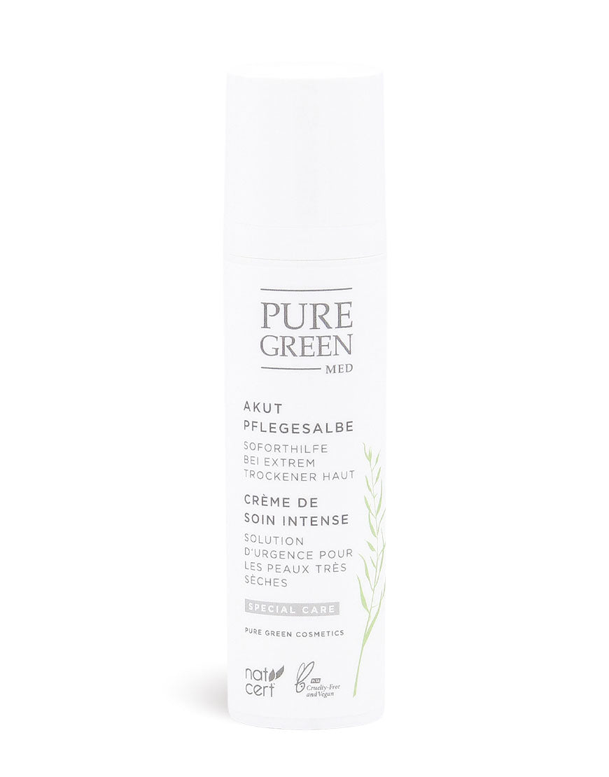 Weiße Pumpflasche mit der Aufschrift PURE GREEN MED Akut-Pflegesalbe mit Nachtkerzenöl & Sheabutter für sofortige Linderung & intensive Feuchtigkeit bei trockener, gereizter Haut | Bio & Vegan.