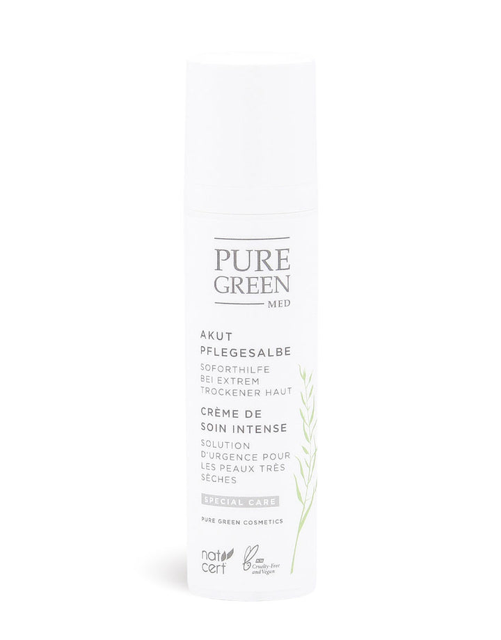 Weiße Pumpflasche mit der Aufschrift PURE GREEN MED Akut-Pflegesalbe mit Nachtkerzenöl & Sheabutter für sofortige Linderung & intensive Feuchtigkeit bei trockener, gereizter Haut | Bio & Vegan.