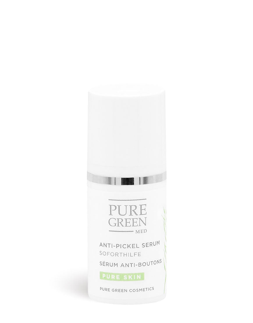 Anti‑Pickel‑Serum mit Salbeiöl & Zitronensäure, schnelle Soforthilfe gegen Pickel, in weißer Pumpflasche von Pure Green Cosmetics, Bio & Vegan.