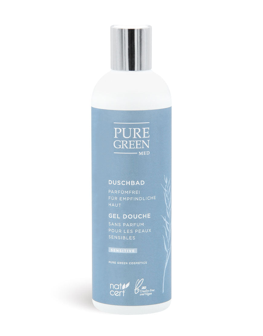 PURE GREEN MED Duschbad Sensitive: Zylindrische Flasche, parfumfrei, mit BIO-Aloe Vera für sanfte Reinigung empfindlicher Haut, vegan, zertifizierte Naturkosmetik.