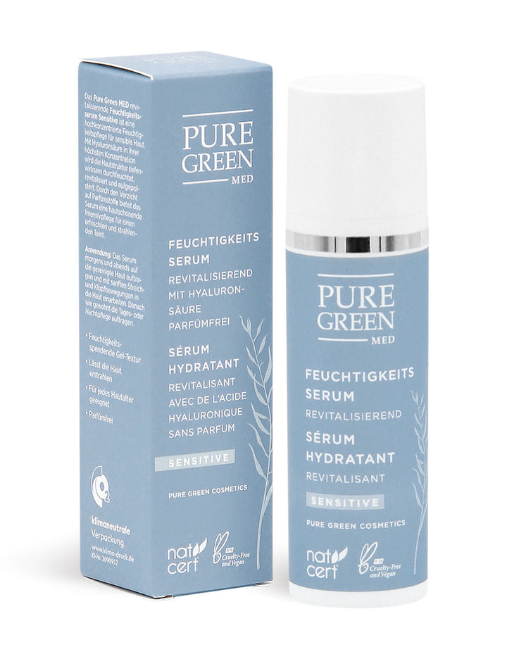Feuchtigkeitsserum mit hochkonzentrierter Hyaluronsäure für intensive Feuchtigkeit, strahlenden Teint; Bio & Vegan. Enthält nat-cert, cruelty-free- und vegan-Logos. Verpackung zweisprachig.