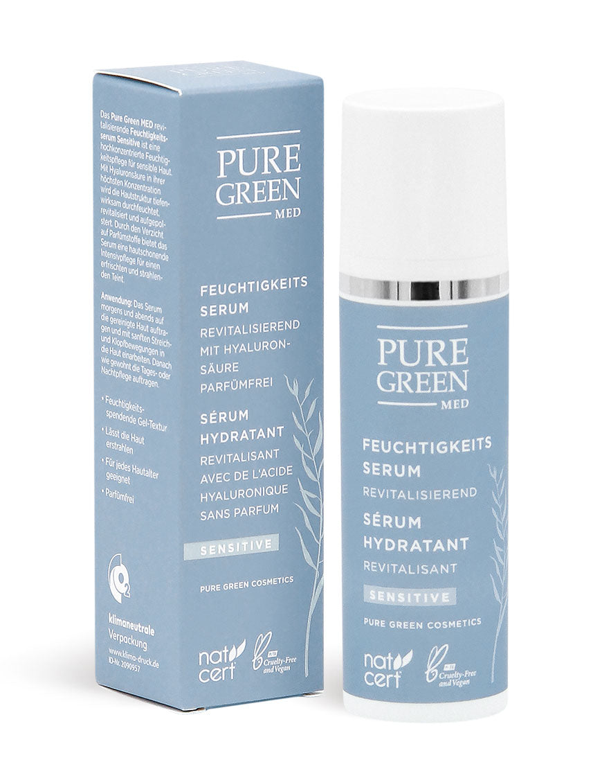 Feuchtigkeitsserum mit hochkonzentrierter Hyaluronsäure für intensive Feuchtigkeit, strahlenden Teint; Bio & Vegan. Enthält nat-cert, cruelty-free- und vegan-Logos. Verpackung zweisprachig.