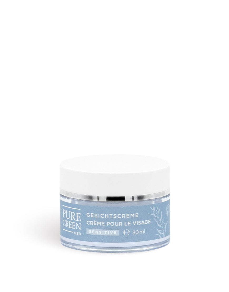 Gesichtscreme Sensitive mit Aloe-Vera & Calendulaextrakt, 30 ml, im hellblauen Tiegel mit weißem Deckel und silbernem Rand. Bio, vegan, für empfindliche Haut.