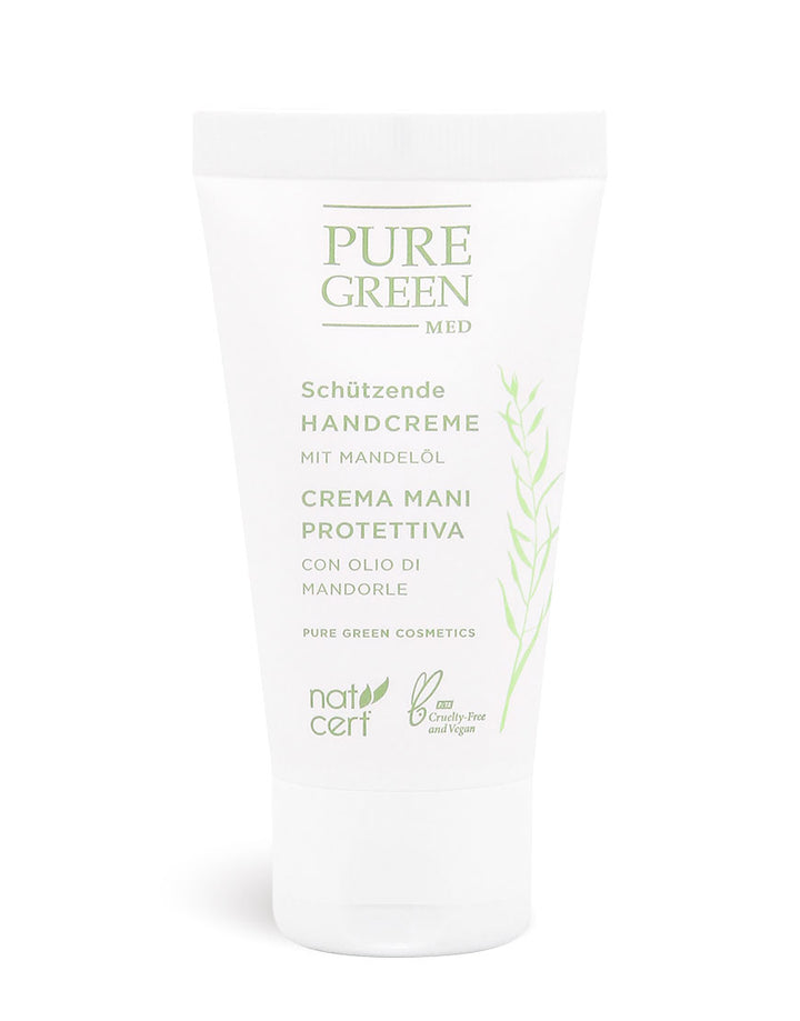Handcreme mit Ringelblumenextrakt & Mandelöl, Nat-cert zertifiziert, vegan und tierversuchsfrei, in weißer Tube mit botanischem Design für intensive Feuchtigkeit und regenerierte Hautbarriere.