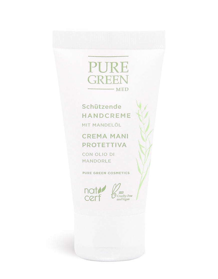 Handcreme mit Ringelblumenextrakt & Mandelöl, Nat-cert zertifiziert, vegan und tierversuchsfrei, in weißer Tube mit botanischem Design für intensive Feuchtigkeit und regenerierte Hautbarriere.