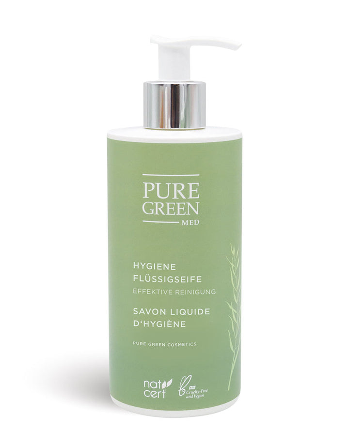 PURE GREEN MED Hygiene-Flüssigseife mit Kräuterextrakten und pflanzlichen Tensiden, zertifiziert bio & vegan, in pumpbarer Flasche, bietet effektive Reinigung und gepflegte Hände.