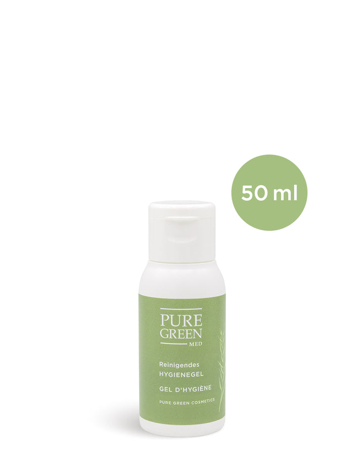 Hygienegel mit pflanzlichen Inhaltsstoffen in 50 ml weißer Plastikflasche, ideal für effektive Handhygiene und sanfte Pflege, Bio und vegan.