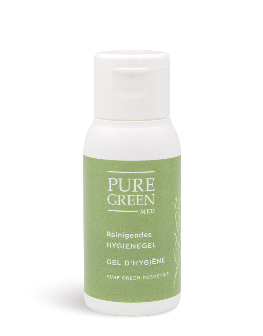 Hygienegel mit pflanzlichen Inhaltsstoffen & pflegendem Glycerin für effektive Handhygiene; weißes Flip-Top-Fläschchen, Pure Green MED etikettiert, reinigt sanft und schnell.