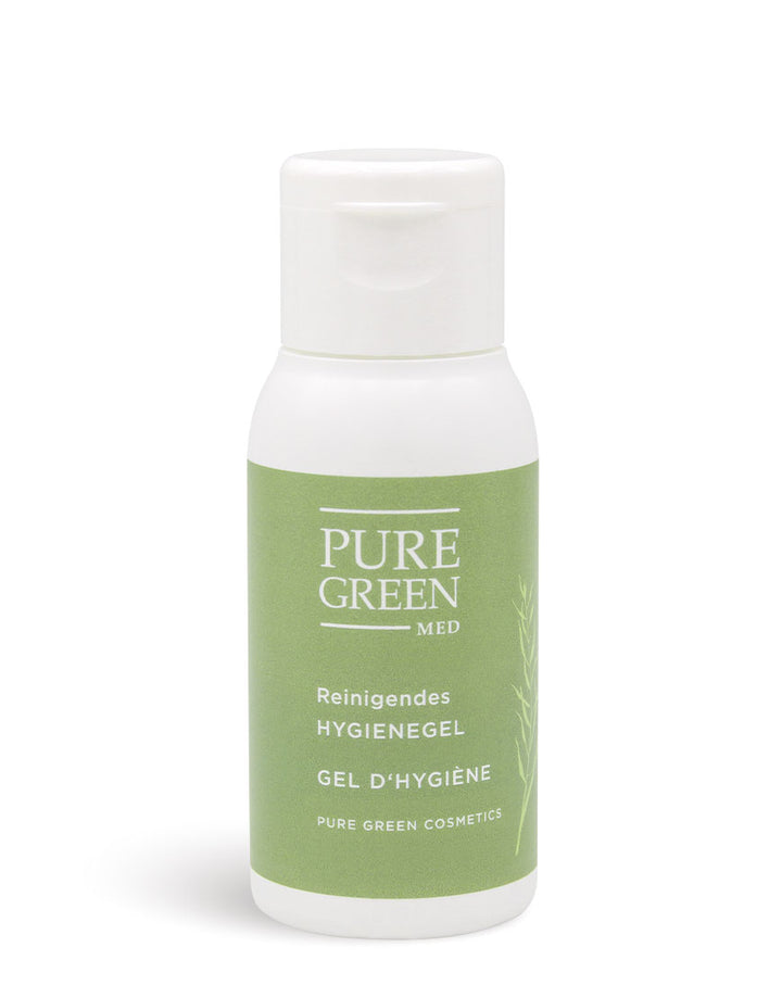Hygienegel mit pflanzlichen Inhaltsstoffen & pflegendem Glycerin für effektive Handhygiene; weißes Flip-Top-Fläschchen, Pure Green MED etikettiert, reinigt sanft und schnell.