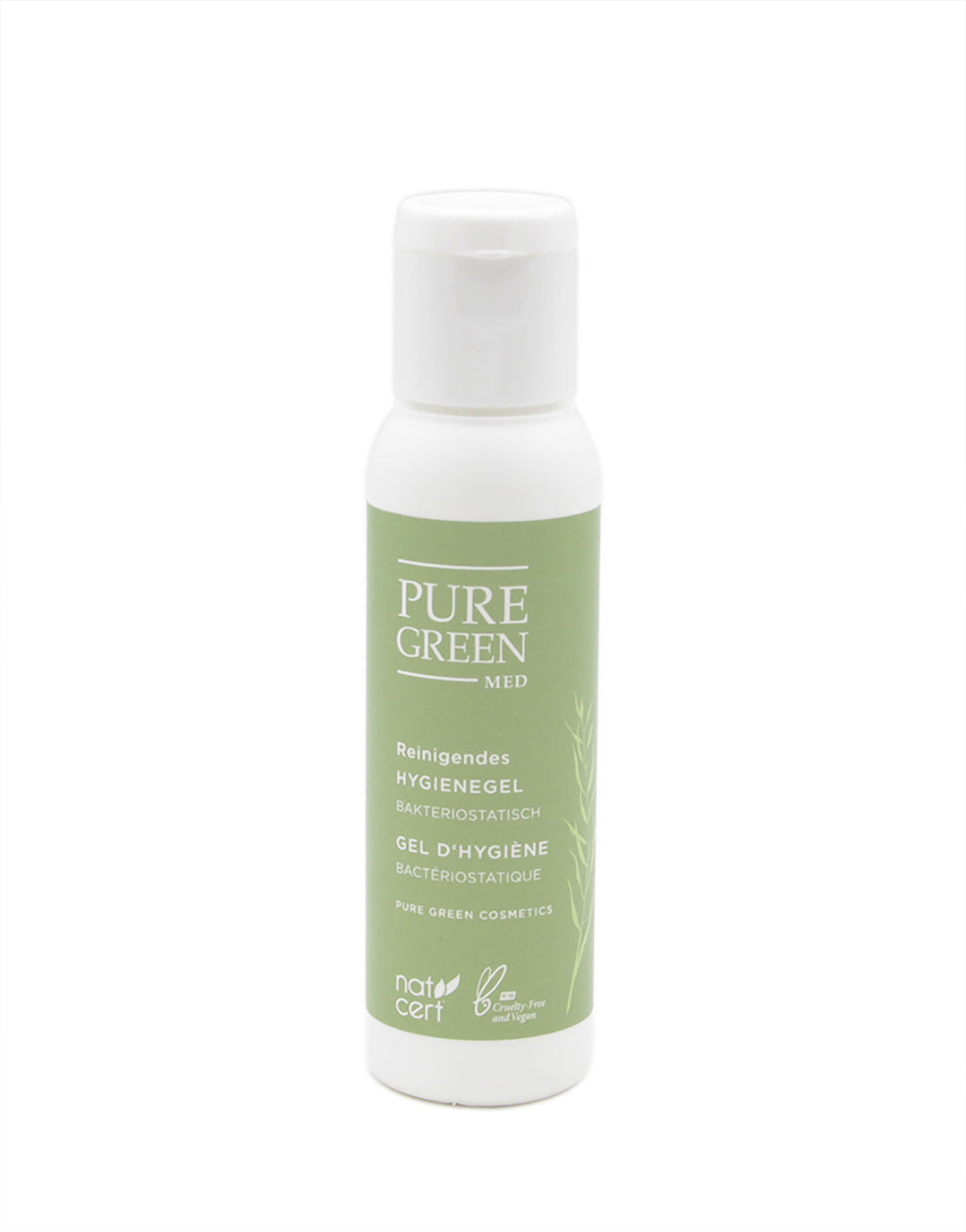 Kleine Plastikflasche mit Flip-Top-Verschluss des PURE GREEN MED Hygienegels, das antibakteriell wirkt und vegan sowie cruelty-free zertifiziert ist.