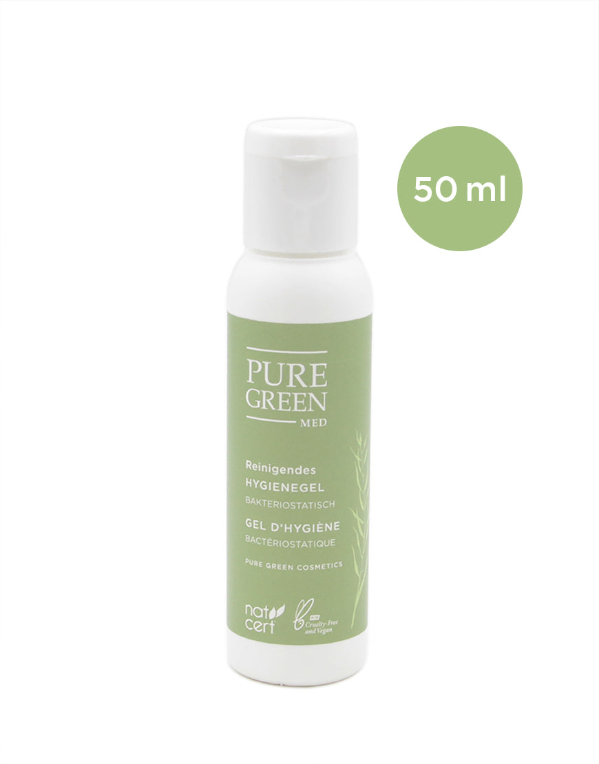 50 ml Flasche PURE GREEN MED Hygienegel für eine saubere und sanfte Reinigung der Hände; bio, vegan, bakterienhemmend, zertifiziert natürlich.