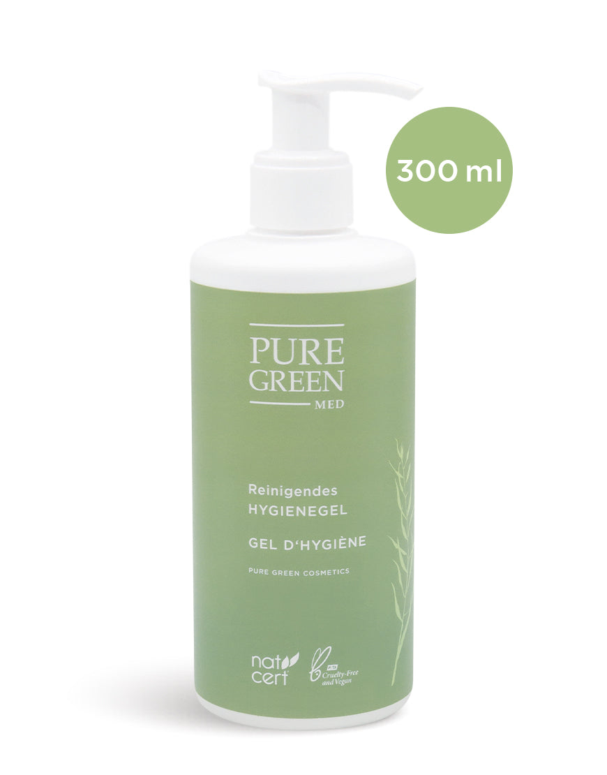 300 ml Pumpflasche Pure Green Med Hygienegel, vegan und cruelty-free, mit pflanzlichen Inhaltsstoffen und pflegendem Glycerin für effektive Handhygiene, zertifiziert von Nat Cert.