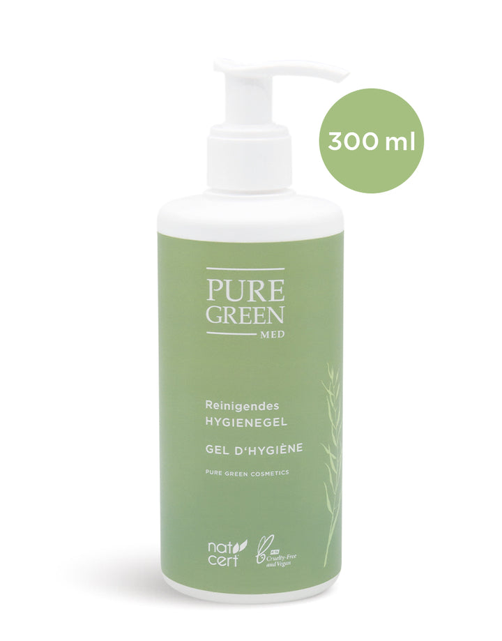 300 ml Pumpflasche Pure Green Med Hygienegel, vegan und cruelty-free, mit pflanzlichen Inhaltsstoffen und pflegendem Glycerin für effektive Handhygiene, zertifiziert von Nat Cert.