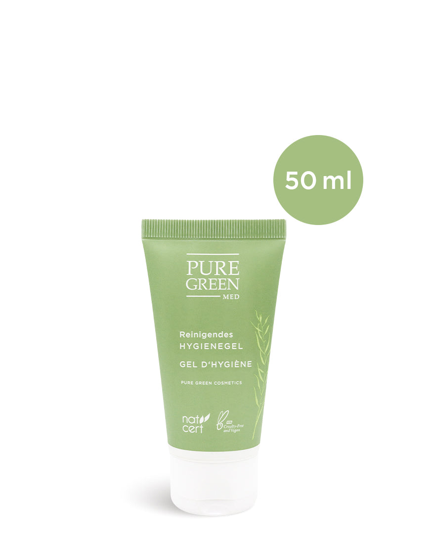 50 ml Tube PURE GREEN MED Hygienegel mit pflanzlichen Inhaltsstoffen und pflegendem Glycerin, Bio, Vegan, für sanfte, schnelle Handreinigung. Zertifiziert cruelty-free.