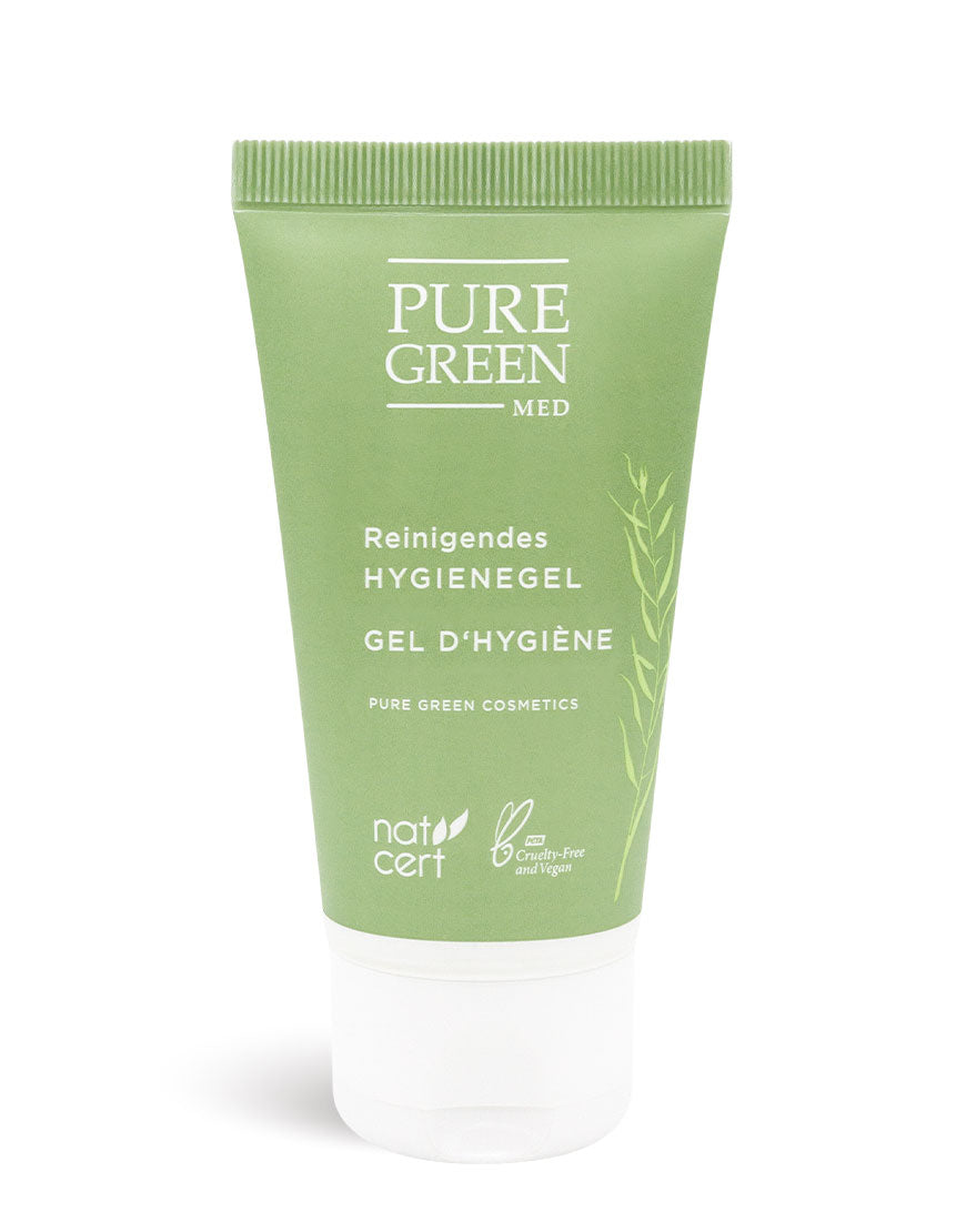PURE GREEN MED Hygienegel mit pflanzlichen Inhaltsstoffen und pflegendem Glycerin für sanfte Handreinigung, schnelles Einziehen; vegan und tierversuchsfrei zertifiziert.