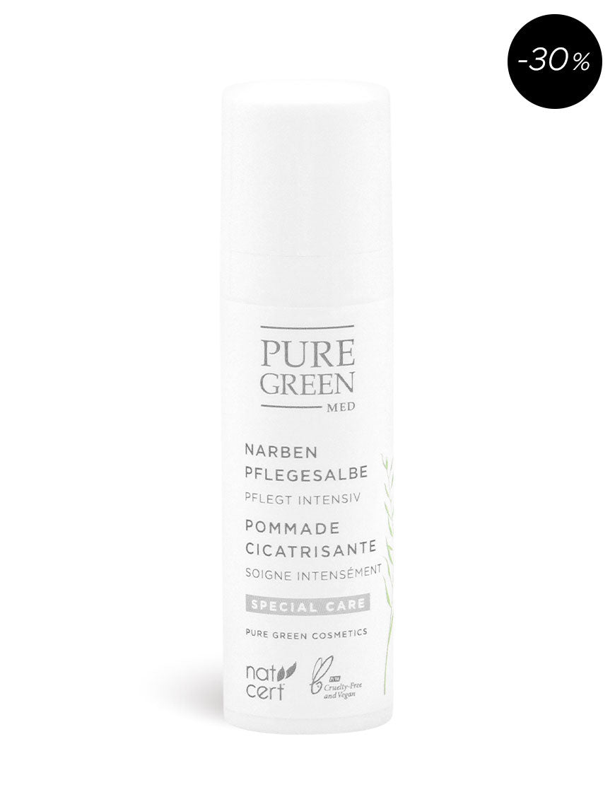 Narbensalbe mit Hagebuttenextrakt & Johanniskrautöl, Bio & Vegan. Weiße Pump-Flasche, zertifiziert, 30% Rabatt, intensive Pflege, natürliche Narbenbildung unterstützend.