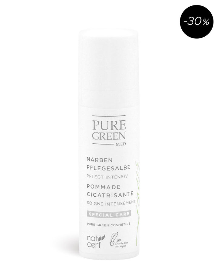 Narbensalbe mit Hagebuttenextrakt & Johanniskrautöl, Bio & Vegan. Weiße Pump-Flasche, zertifiziert, 30% Rabatt, intensive Pflege, natürliche Narbenbildung unterstützend.