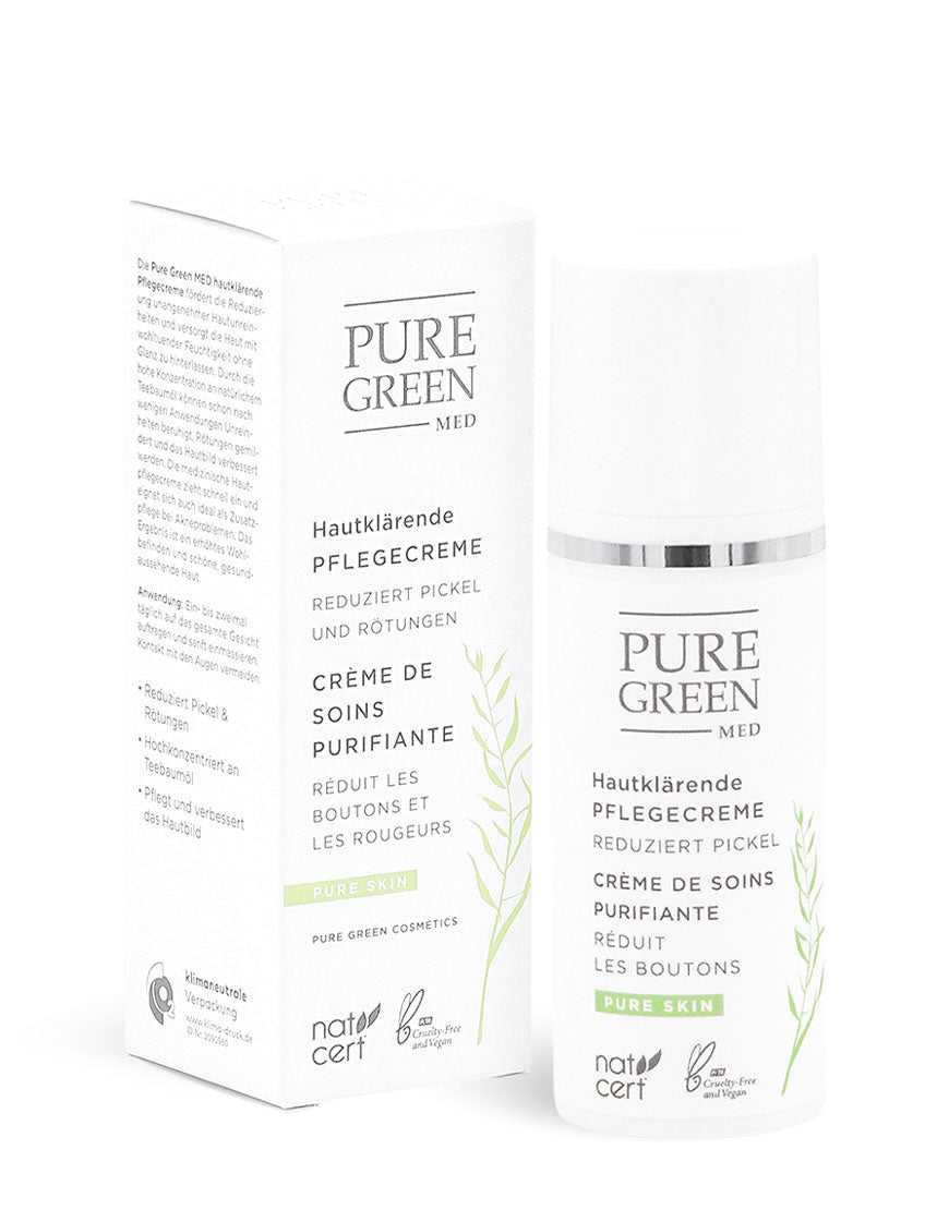 PURE GREEN MED Hautklärende Pflegecreme mit Teebaumöl im Karton und Pumpflasche, reduziert Pickel und Rötungen, vegan, cruelty-free, Nat-Cert zertifiziert.