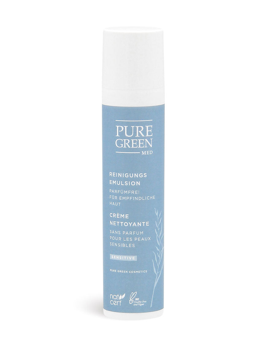 Reinigungs-Emulsion in schlanker Pumpflasche, parfumfrei, für empfindliche Haut. Enthält BIO-Aloe Vera, BIO-Calendulaextrakt, vegan zertifiziert, cruelty-free, aus Österreich.