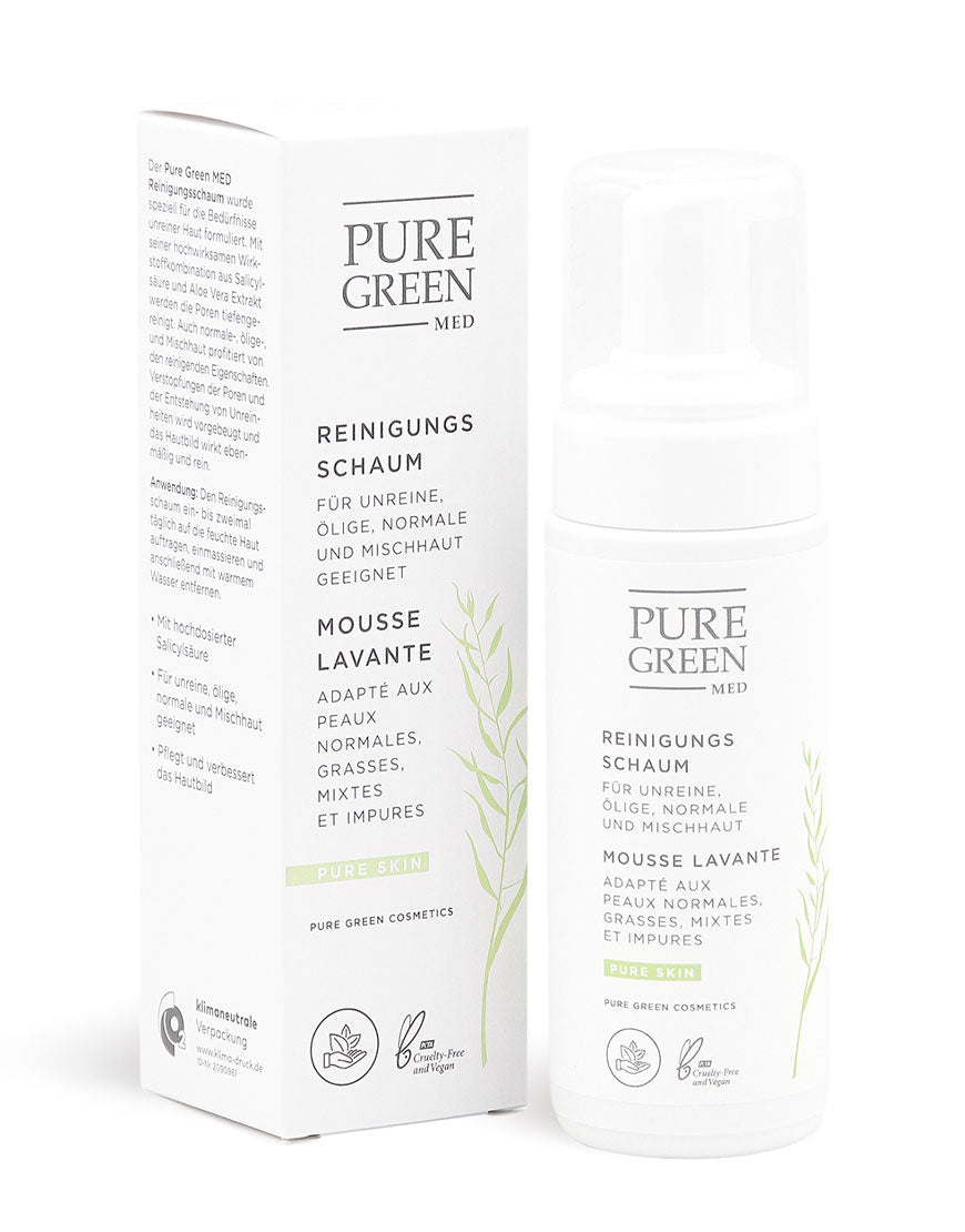 Reinigungsschaum mit Aloe-Vera & Brennnesselextrakt in weißer Pumpflasche und Box, vegan, klimaneutrale Verpackung, für unreine, ölige, normale und Mischhaut.
