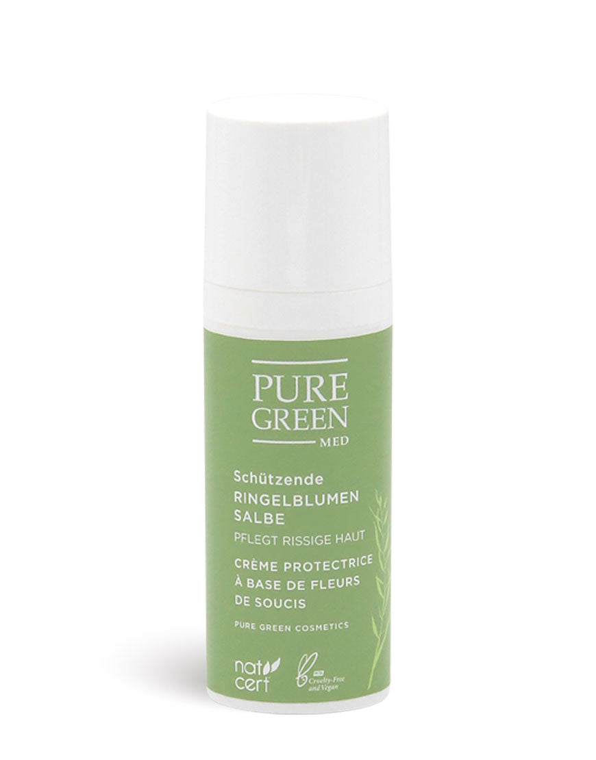 Pflegende Ringelblumensalbe mit BIO-Nachtkerzenöl & Sheabutter, vegane Hautcreme im Pumpfläschchen, ideal für trockene Haut, zertifizierte Naturkosmetik, parfumfrei und hautschonend.