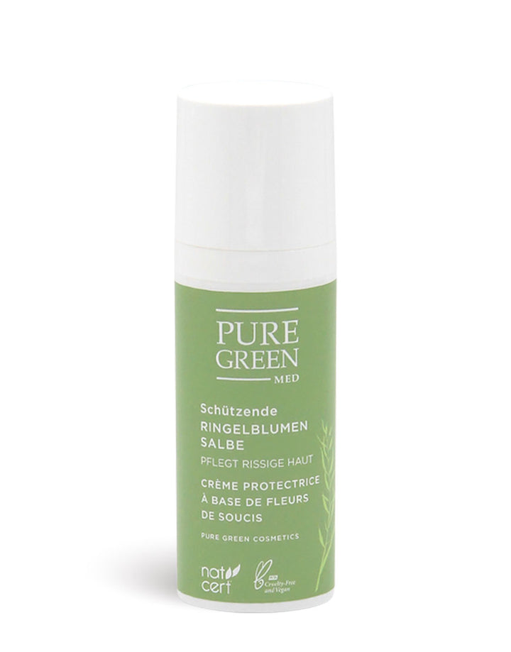 Pflegende Ringelblumensalbe mit BIO-Nachtkerzenöl & Sheabutter, vegane Hautcreme im Pumpfläschchen, ideal für trockene Haut, zertifizierte Naturkosmetik, parfumfrei und hautschonend.