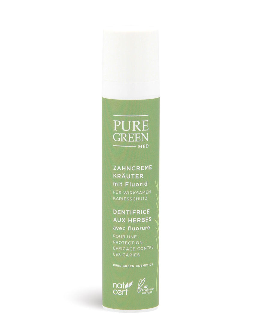 Zahncreme mit Fluorid & Kräuterextrakten für saubere Zähne & frischen Atem, Bio & Vegan, in schlankem Pumpspender, zertifizierte Naturkosmetik, tierversuchsfrei, aus Österreich.