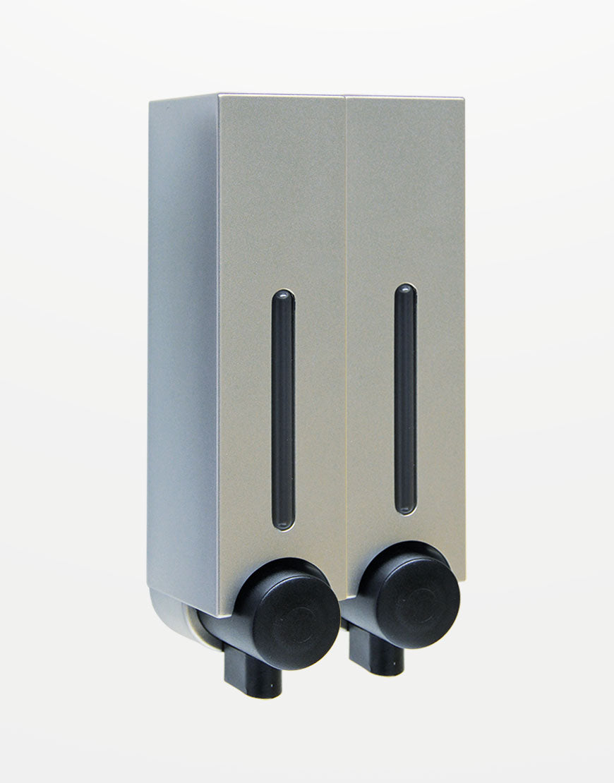 Zweikammer-Wandhalterung mit Sichtfenstern und Druckknopf-Pumpen, Silber; umweltfreundliches, leicht nachfüllbares System für einfache Nutzung in Bad oder Küche.