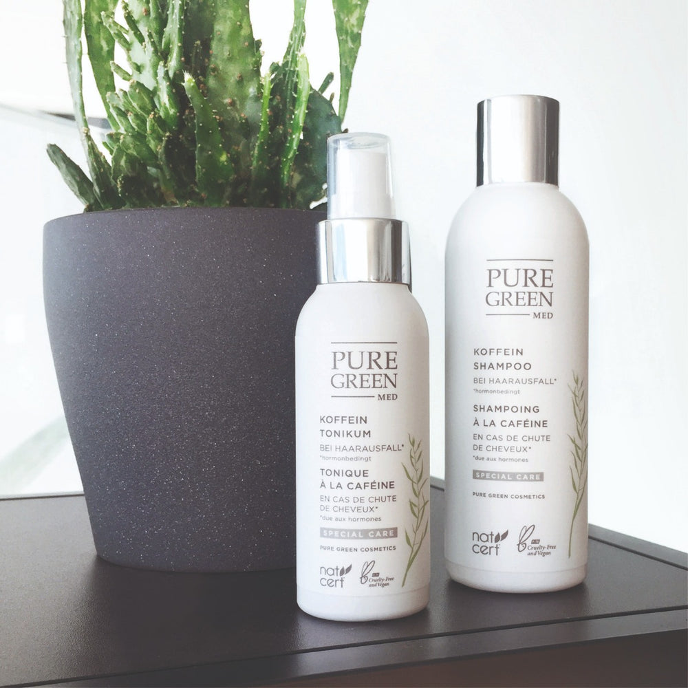 Koffein-Shampoo mit Koffein & Betain für kräftigeres Haar & reduzierten Haarausfall, neben einem Kaktus, inklusive Koffein Tonikum, präsentiert in dunklem Topf.