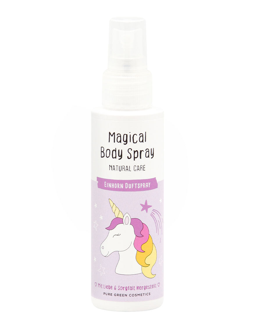 Kleines Sprayfläschchen Haut,- & Haar Duftspray mit Pflanzenextrakten mit Einhorn-Design, bewirkt märchenhaften Duft aus Waldbeeren, bio und vegan, liebevoll hergestellt.