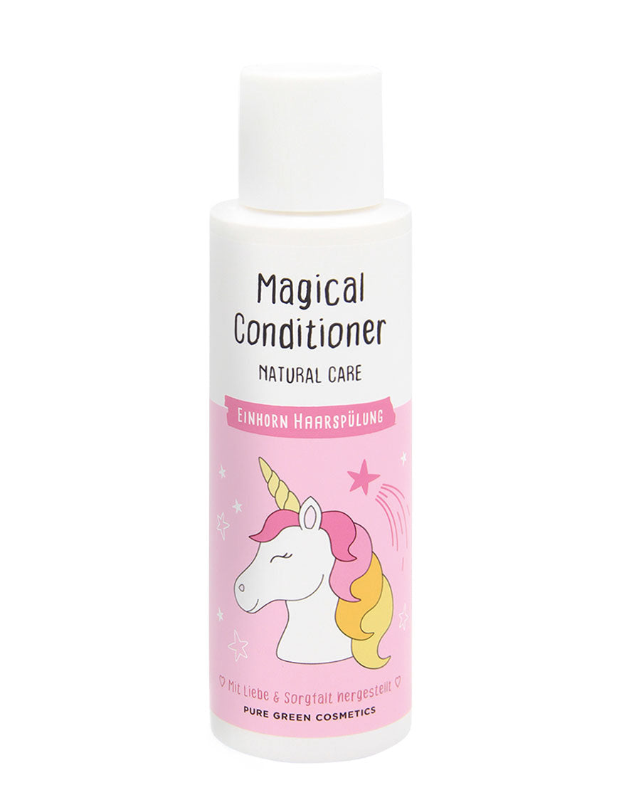 Flasche Haarbalsam mit Heidelbeerextrakt & Mandelöl für leichte Kämmbarkeit, seidig-weiches Haar, Bio & Vegan, mit Einhorn-Design, von Pure Green Cosmetics.